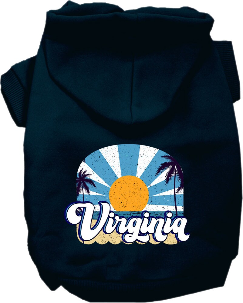 A medium to large pet wearing a stylish screen printed hoodie with a 'Virginia Coast' design, showcasing comfort and durability.