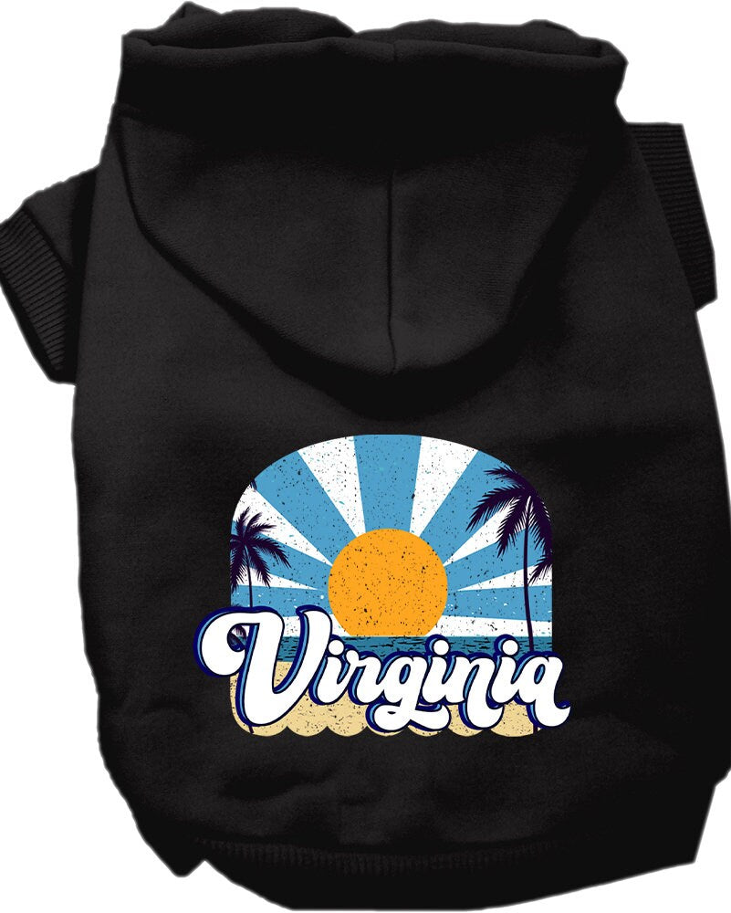 A medium to large pet wearing a stylish screen printed hoodie with a 'Virginia Coast' design, showcasing comfort and durability.