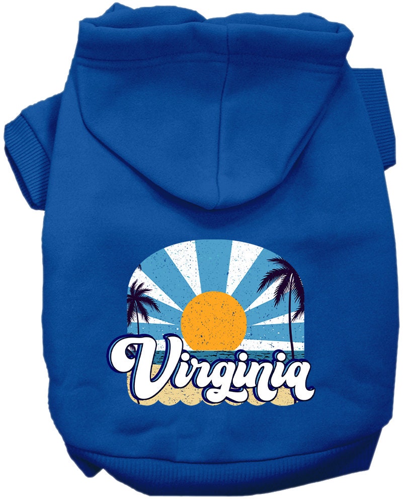 A medium to large pet wearing a stylish screen printed hoodie with a 'Virginia Coast' design, showcasing comfort and durability.