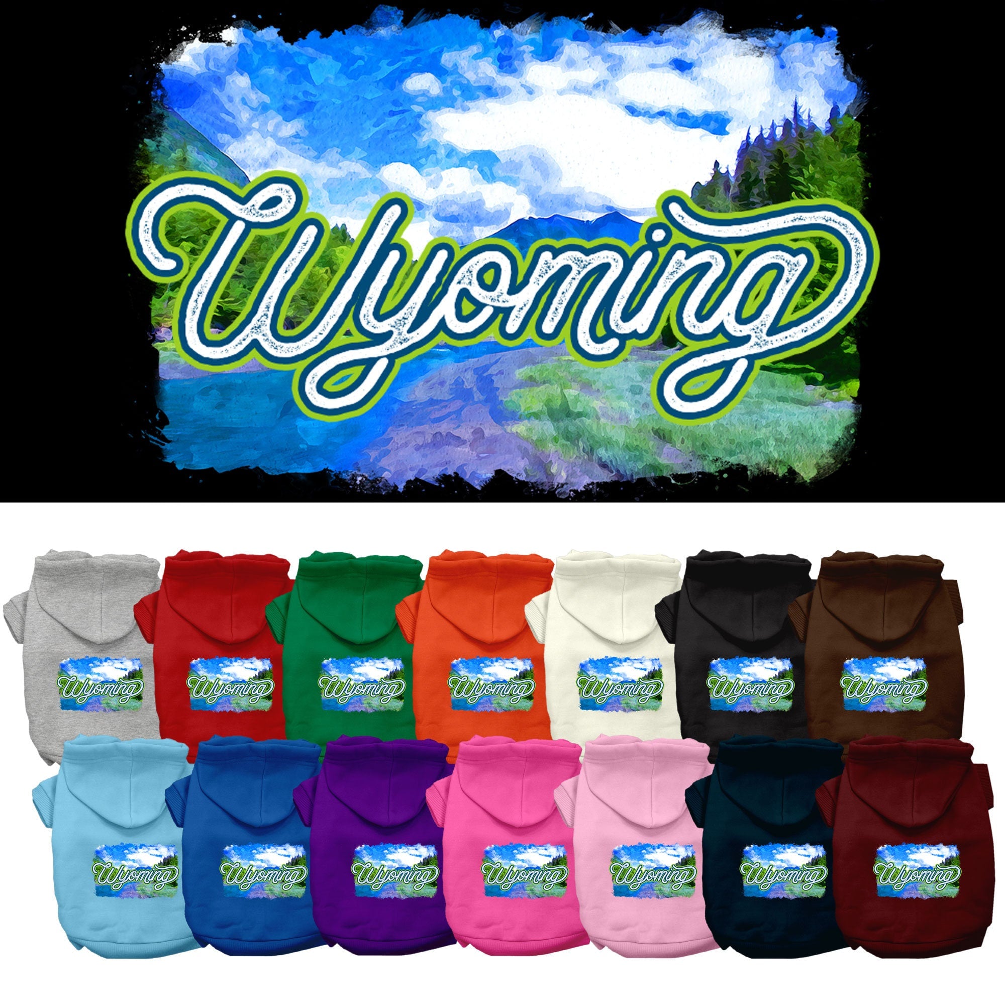 A cozy screen printed hoodie for medium to large pets, featuring a Wyoming Summer design, showcasing its soft fabric and durable stitching.