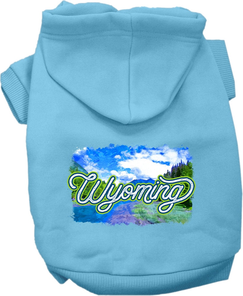 A cozy screen printed hoodie for medium to large pets, featuring a Wyoming Summer design, showcasing its soft fabric and durable stitching.