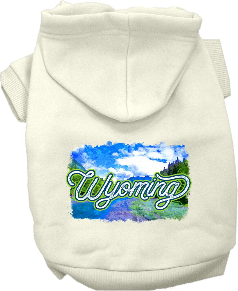A cozy screen printed hoodie for medium to large pets, featuring a Wyoming Summer design, showcasing its soft fabric and durable stitching.