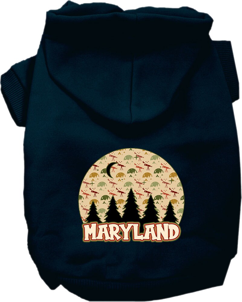 A cozy screen printed hoodie for medium to large pets, featuring a Maryland Under The Stars design, showcasing its soft fabric and durable stitching.