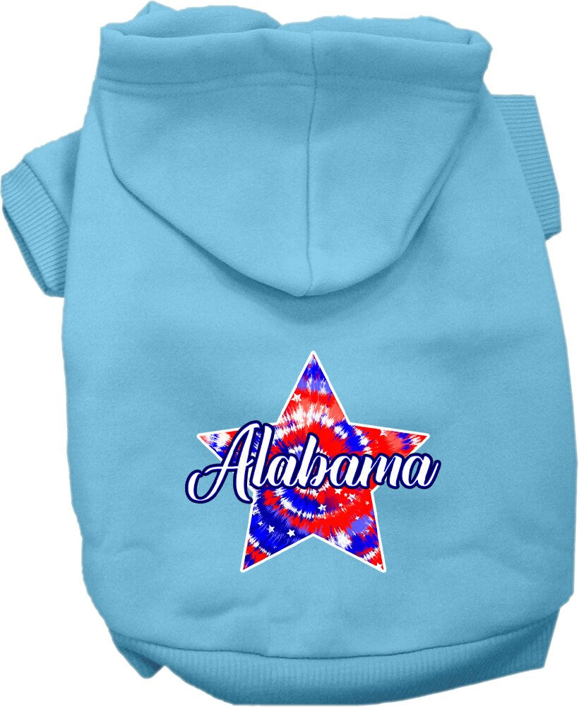 A medium to large pet wearing a soft, warm hoodie featuring an Alabama Patriotic Tie Dye design, showcasing comfort and style.