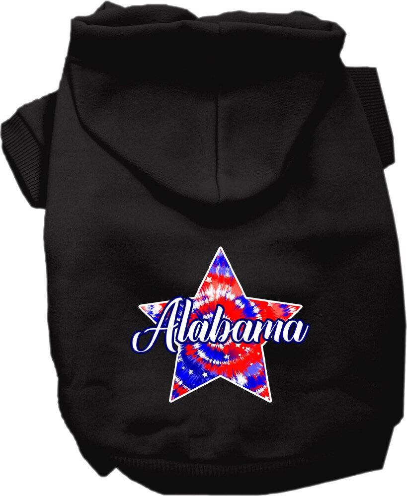 A medium to large pet wearing a soft, warm hoodie featuring an Alabama Patriotic Tie Dye design, showcasing comfort and style.