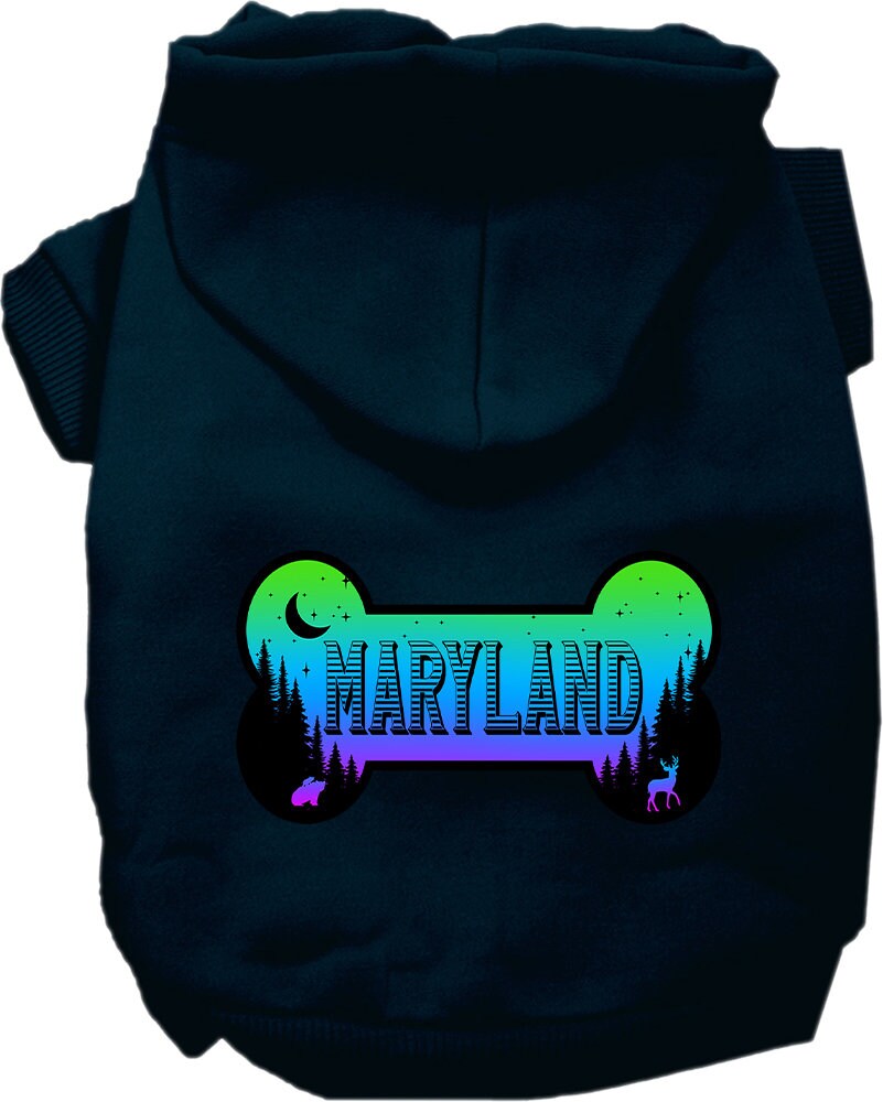 A cozy screen printed hoodie for medium to large pets, featuring a stylish Maryland Mountain Shades design, perfect for dogs and cats.