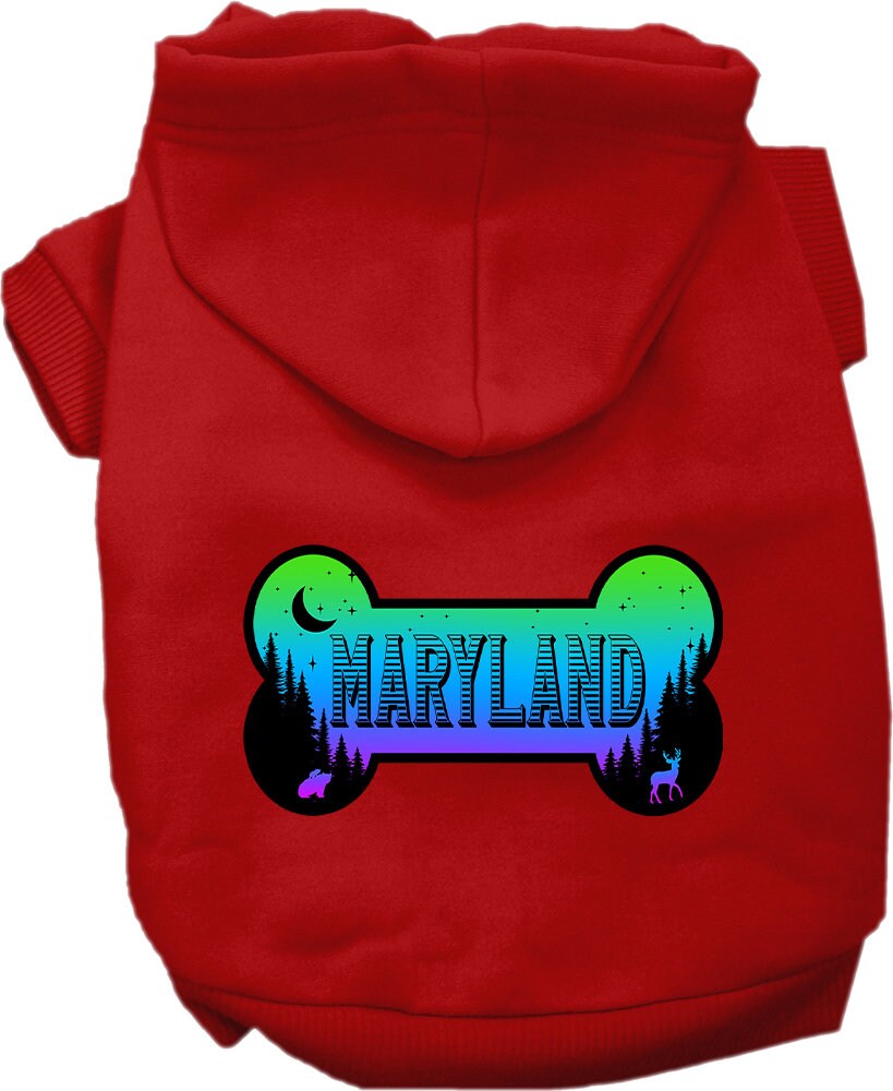 A cozy screen printed hoodie for medium to large pets, featuring a stylish Maryland Mountain Shades design, perfect for dogs and cats.