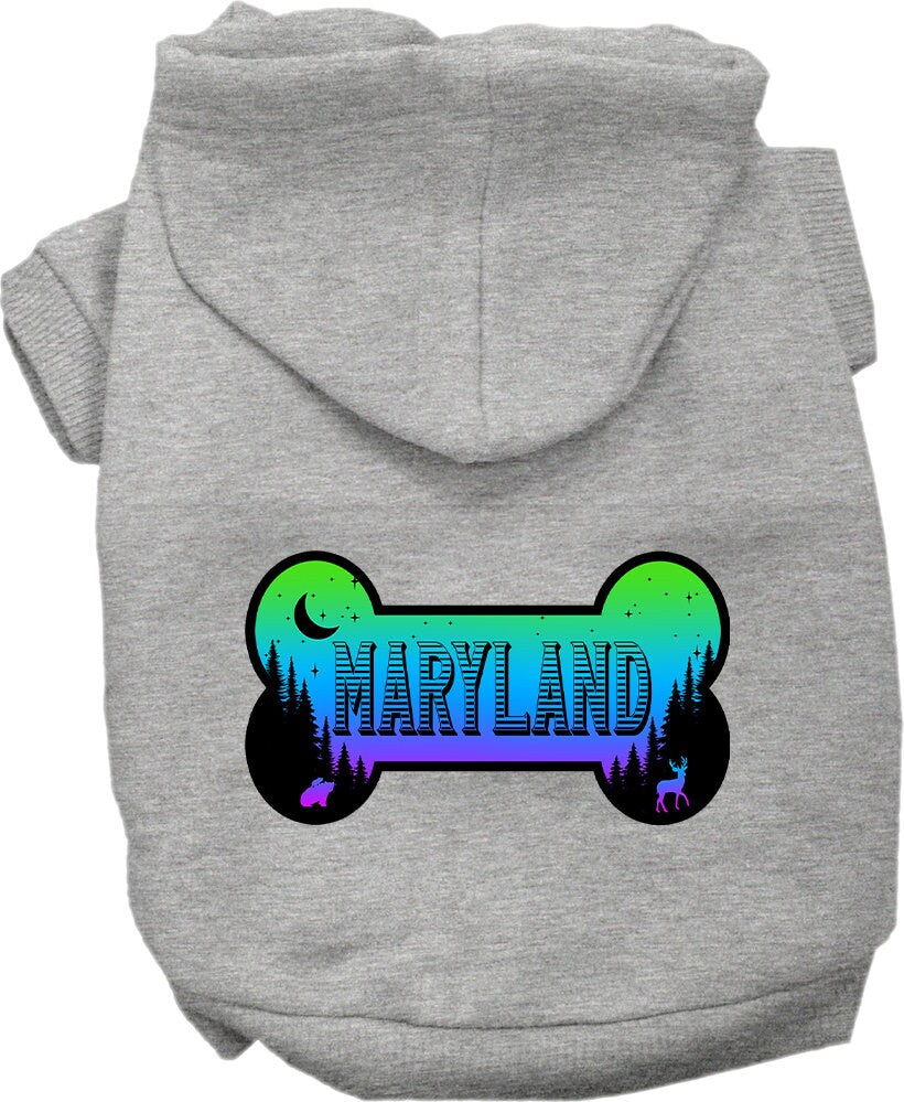 A cozy screen printed hoodie for medium to large pets, featuring a stylish Maryland Mountain Shades design, perfect for dogs and cats.