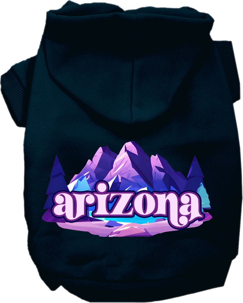 A cozy screen printed hoodie for medium to large pets, featuring the 'Arizona Alpine Pawscape' design, showcasing its soft fabric and durable stitching.