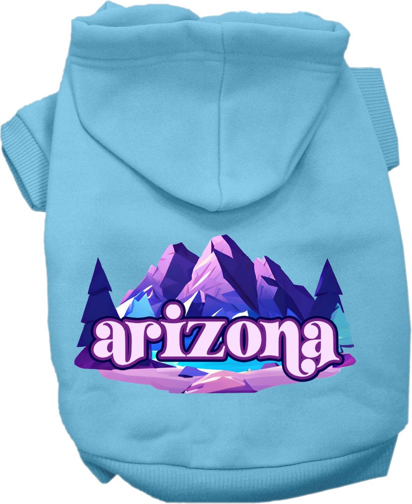 A cozy screen printed hoodie for medium to large pets, featuring the 'Arizona Alpine Pawscape' design, showcasing its soft fabric and durable stitching.