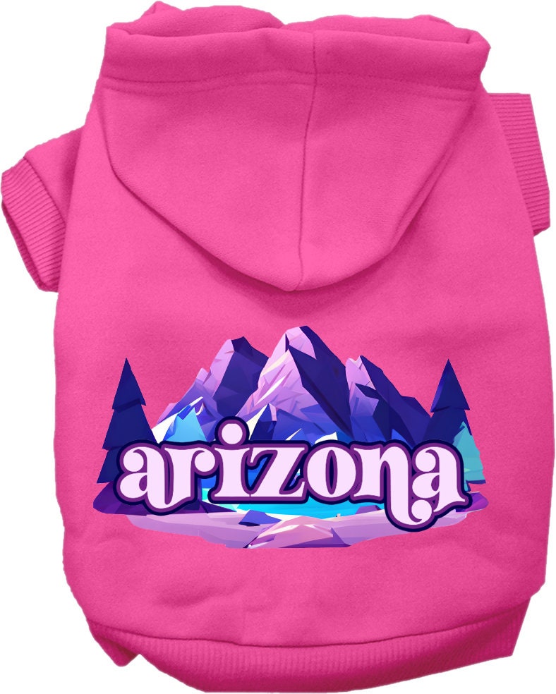 A cozy screen printed hoodie for medium to large pets, featuring the 'Arizona Alpine Pawscape' design, showcasing its soft fabric and durable stitching.