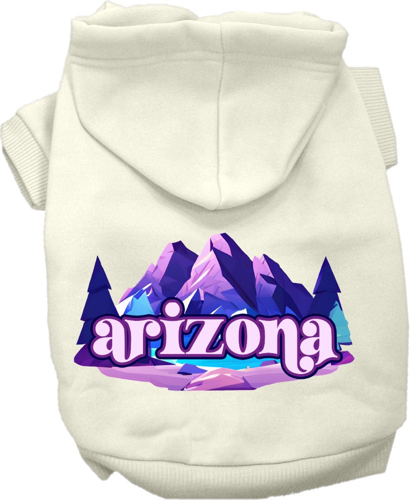 A cozy screen printed hoodie for medium to large pets, featuring the 'Arizona Alpine Pawscape' design, showcasing its soft fabric and durable stitching.