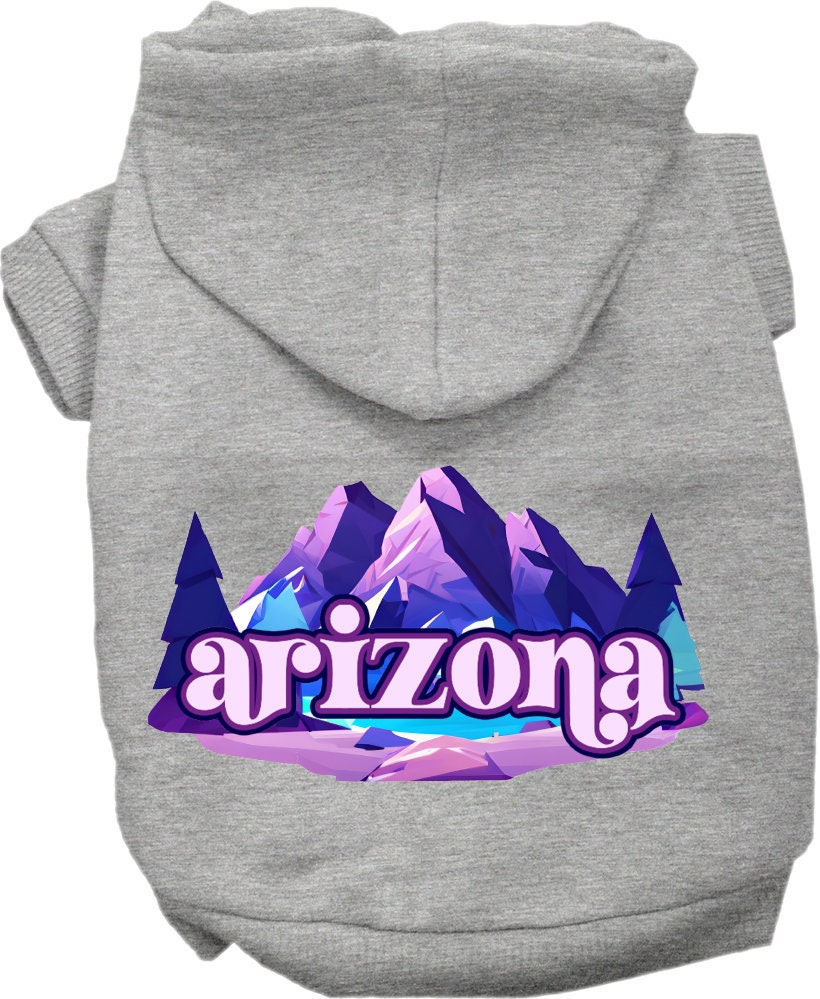 A cozy screen printed hoodie for medium to large pets, featuring the 'Arizona Alpine Pawscape' design, showcasing its soft fabric and durable stitching.