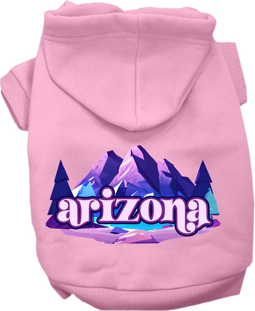 A cozy screen printed hoodie for medium to large pets, featuring the 'Arizona Alpine Pawscape' design, showcasing its soft fabric and durable stitching.