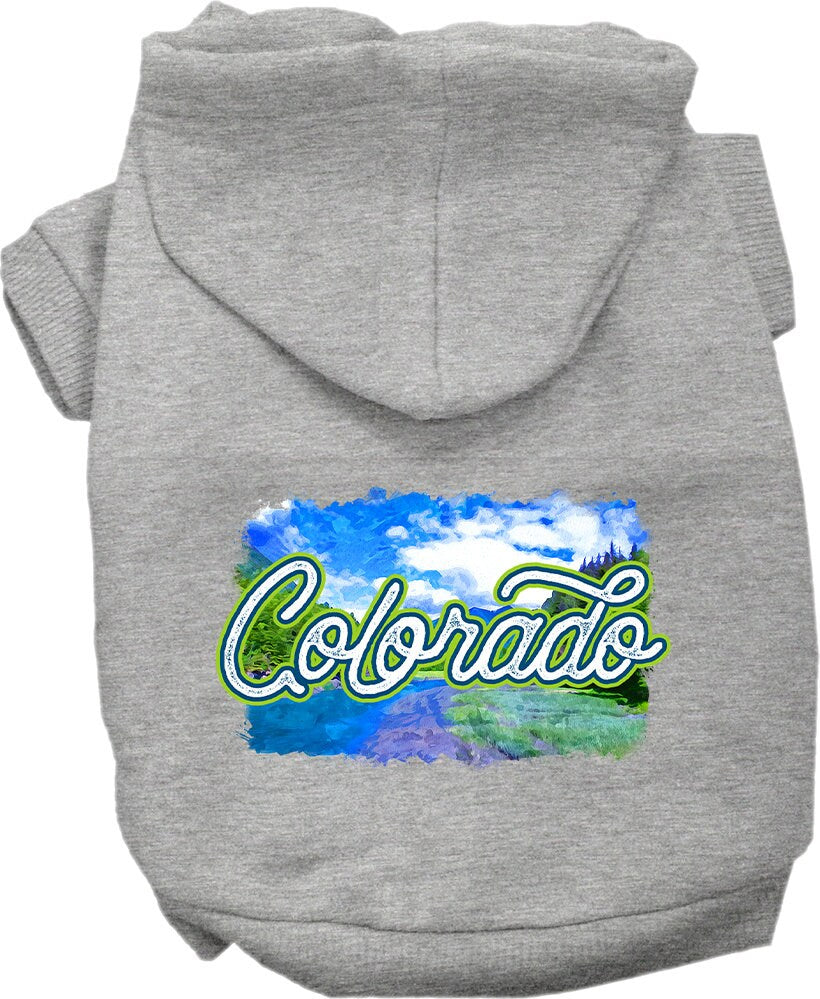 A cozy screen printed hoodie for medium to large pets, featuring a colorful Colorado Summer design, perfect for dogs and cats.