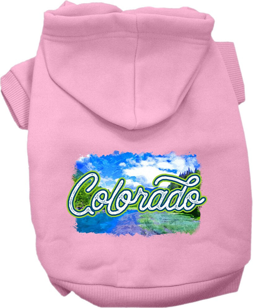 A cozy screen printed hoodie for medium to large pets, featuring a colorful Colorado Summer design, perfect for dogs and cats.