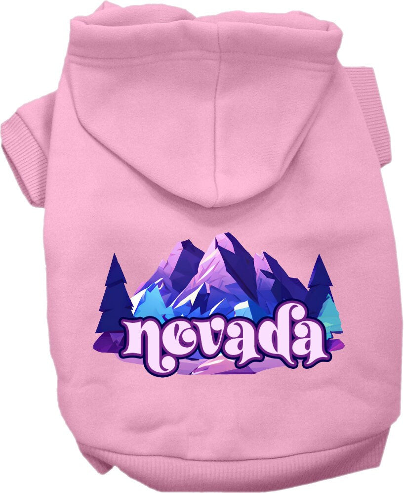 A cozy screen printed hoodie for medium to large pets, featuring the 'Nevada Alpine Pawscape' design, perfect for dogs and cats.