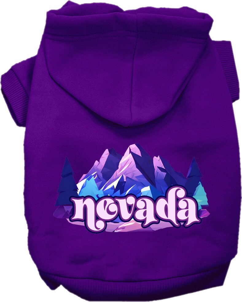 A cozy screen printed hoodie for medium to large pets, featuring the 'Nevada Alpine Pawscape' design, perfect for dogs and cats.