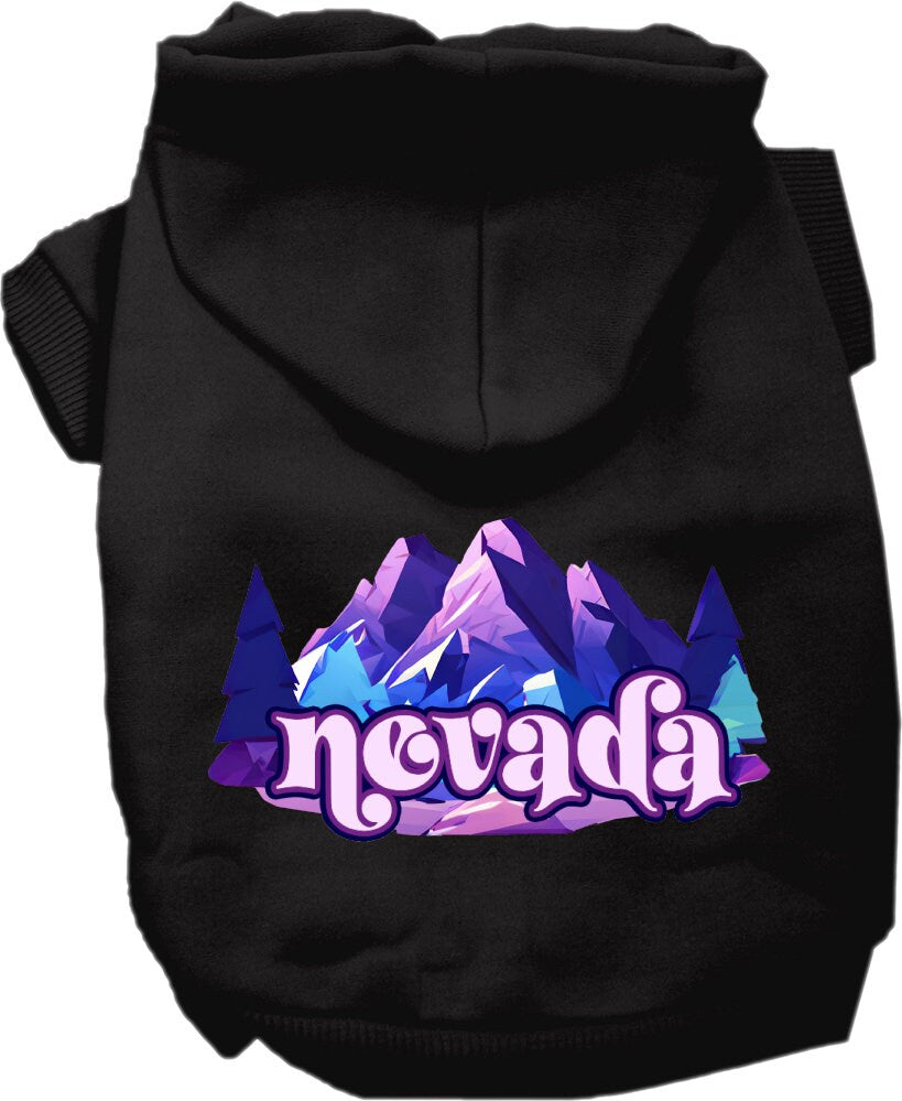A cozy screen printed hoodie for medium to large pets, featuring the 'Nevada Alpine Pawscape' design, perfect for dogs and cats.
