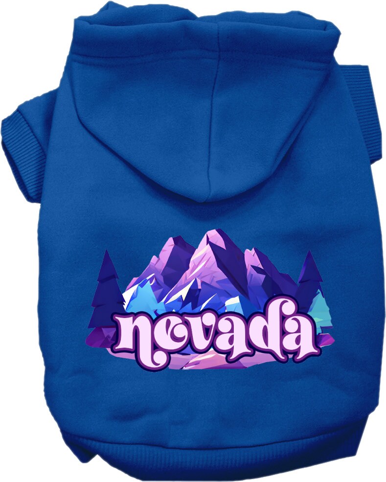 A cozy screen printed hoodie for medium to large pets, featuring the 'Nevada Alpine Pawscape' design, perfect for dogs and cats.