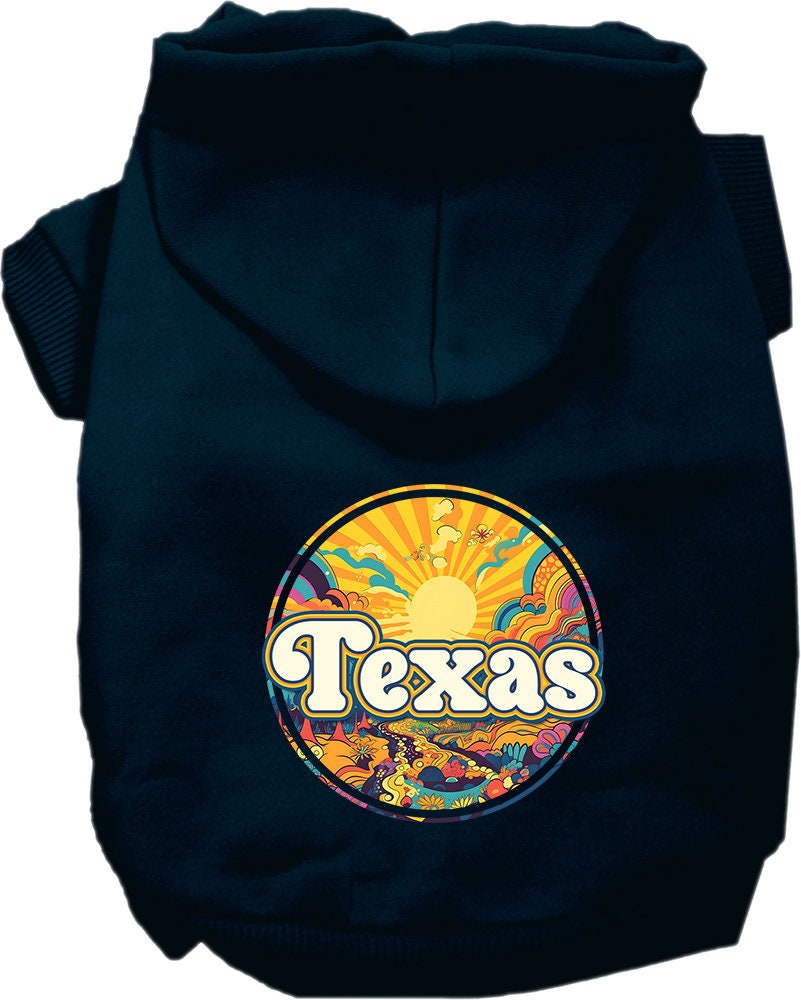 A cozy screen printed hoodie for medium to large pets, featuring a colorful Texas Trippy Peaks design, perfect for stylish walks.