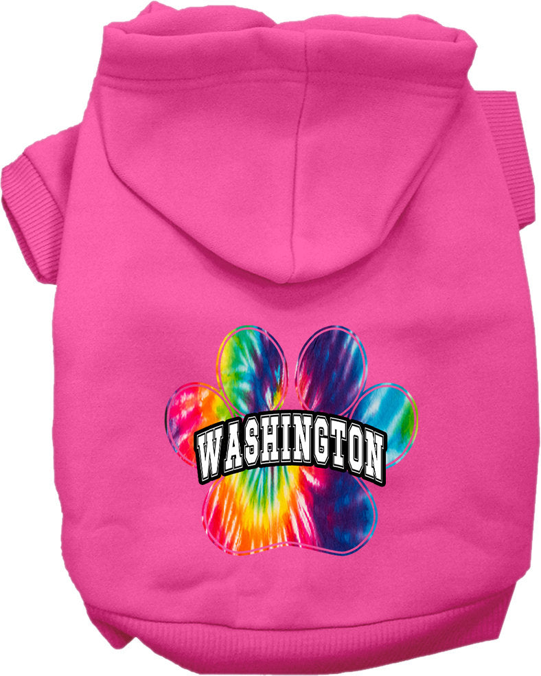 A vibrant Washington Bright Tie Dye hoodie for medium to large pets, showcasing its soft fabric and convenient leash access hole.