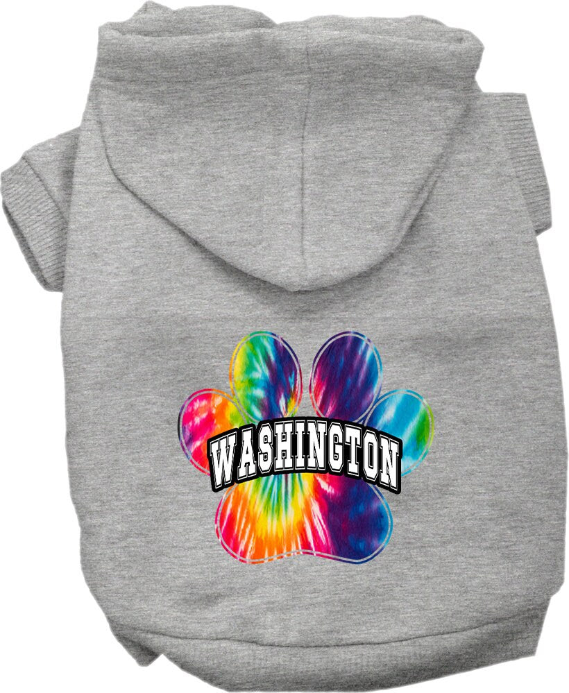 A vibrant Washington Bright Tie Dye hoodie for medium to large pets, showcasing its soft fabric and convenient leash access hole.