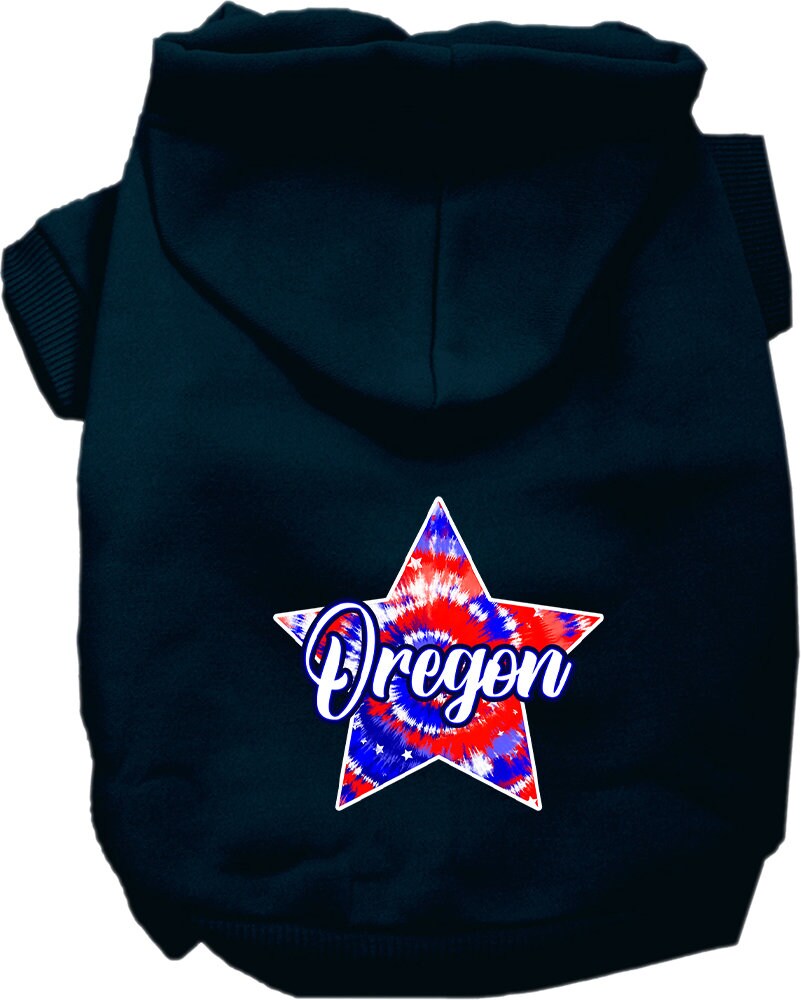 A medium to large pet wearing a vibrant Oregon Patriotic Tie Dye hoodie, showcasing its soft fabric and stylish design.