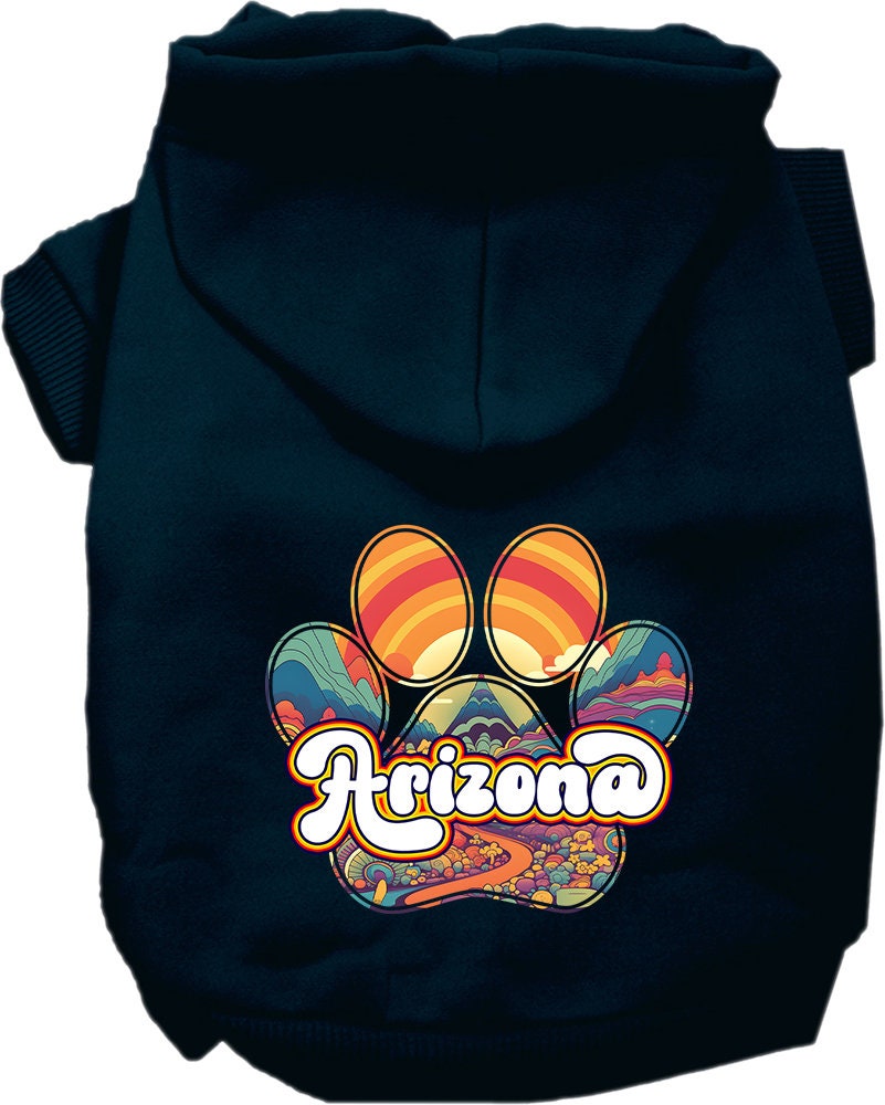 A cozy screen printed hoodie for medium to large pets, featuring the 'Arizona Groovy Summit' design, perfect for dogs and cats.