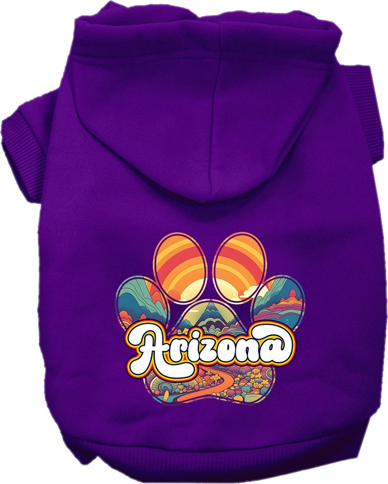 A cozy screen printed hoodie for medium to large pets, featuring the 'Arizona Groovy Summit' design, perfect for dogs and cats.