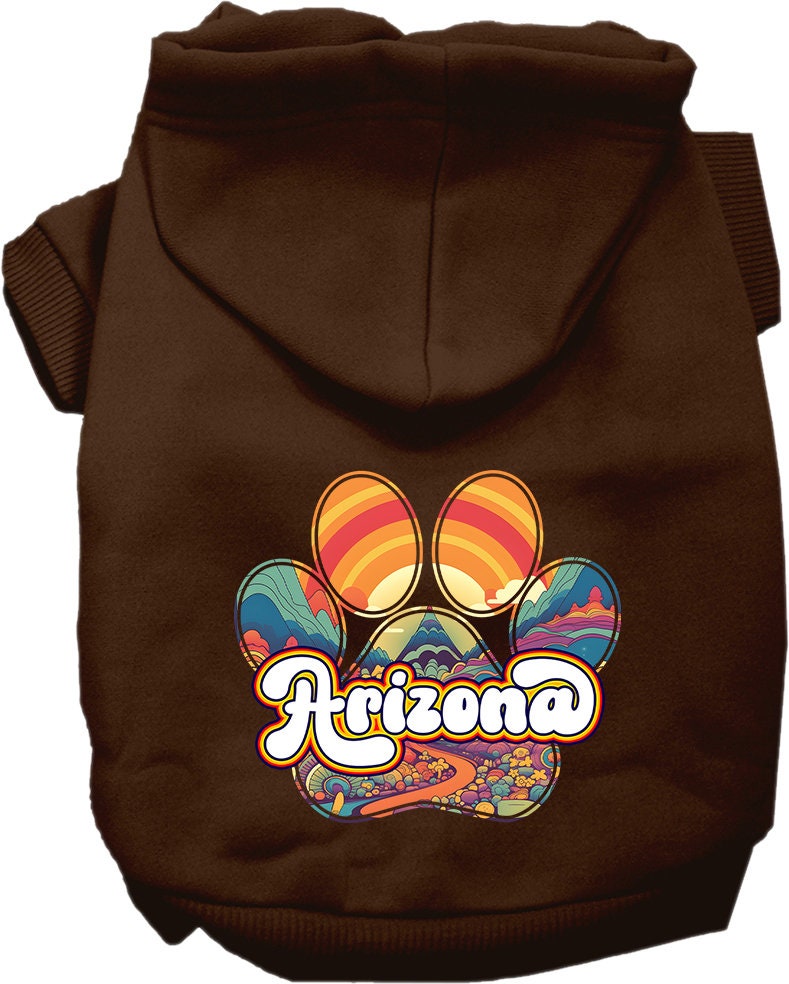 A cozy screen printed hoodie for medium to large pets, featuring the 'Arizona Groovy Summit' design, perfect for dogs and cats.