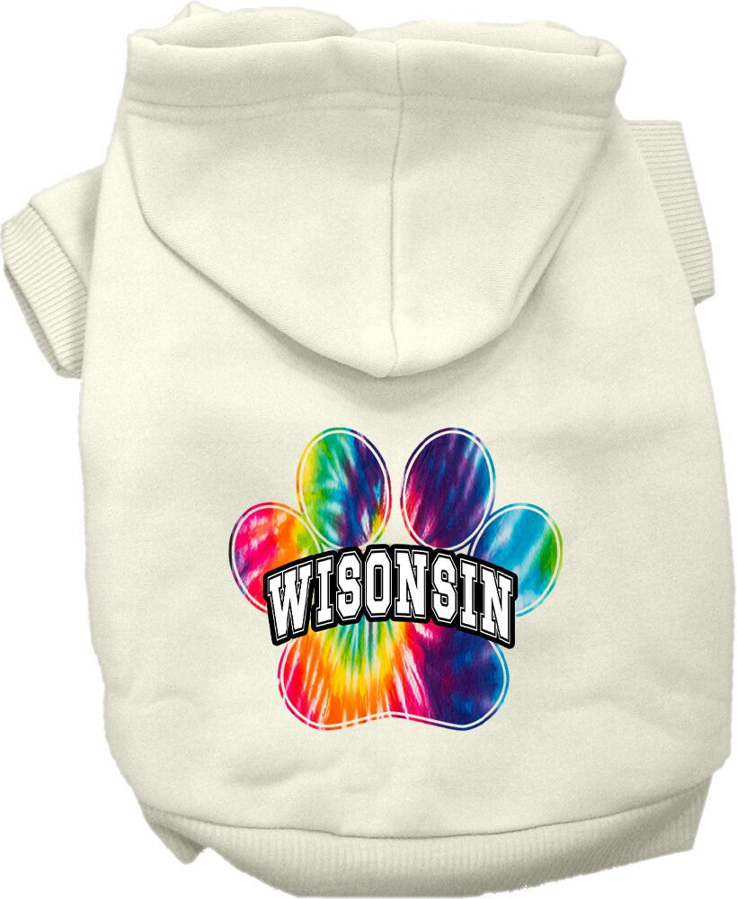 A vibrant Wisconsin Bright Tie Dye hoodie for medium to large pets, showcasing its soft fabric and convenient leash access hole.