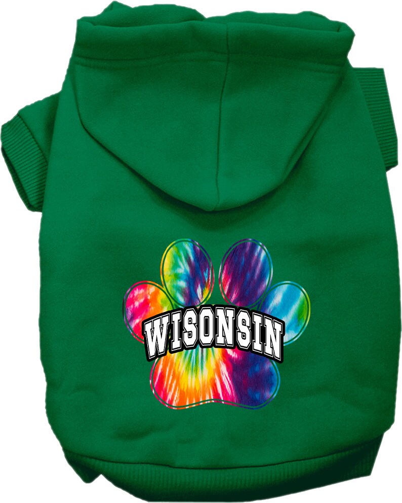 A vibrant Wisconsin Bright Tie Dye hoodie for medium to large pets, showcasing its soft fabric and convenient leash access hole.