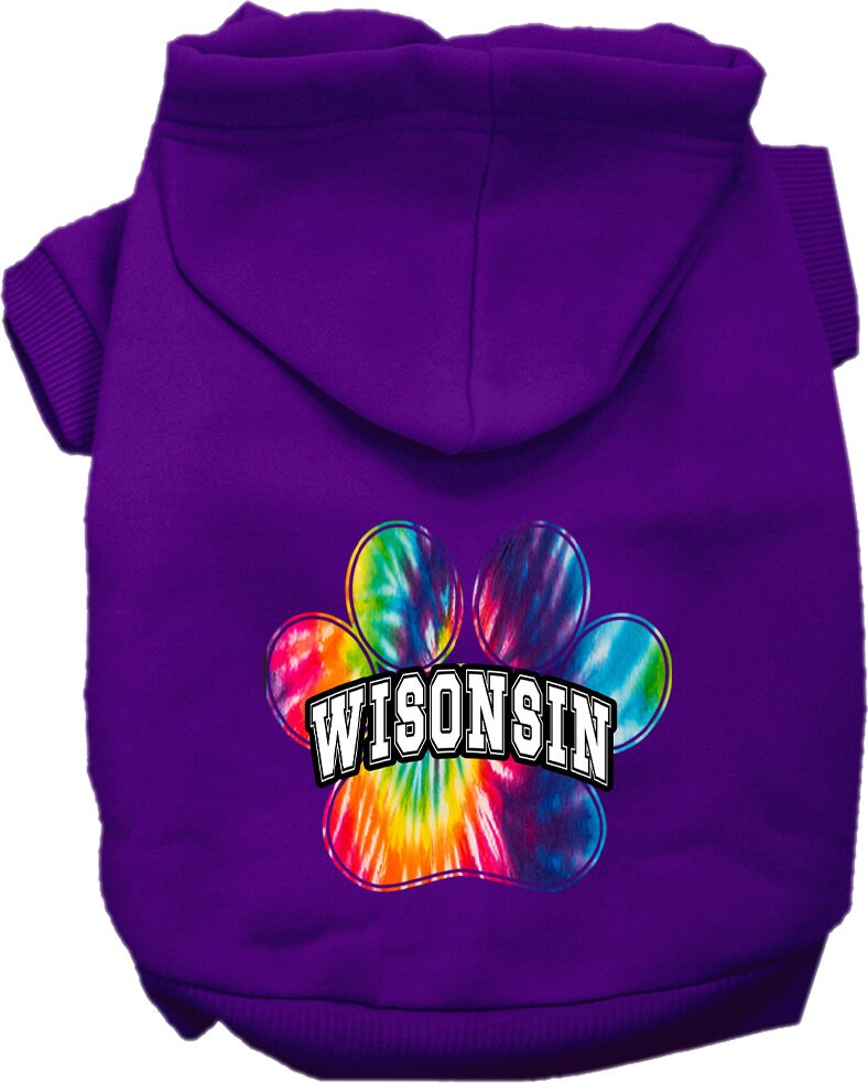 A vibrant Wisconsin Bright Tie Dye hoodie for medium to large pets, showcasing its soft fabric and convenient leash access hole.