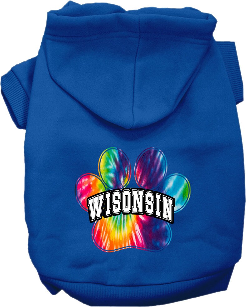 A vibrant Wisconsin Bright Tie Dye hoodie for medium to large pets, showcasing its soft fabric and convenient leash access hole.