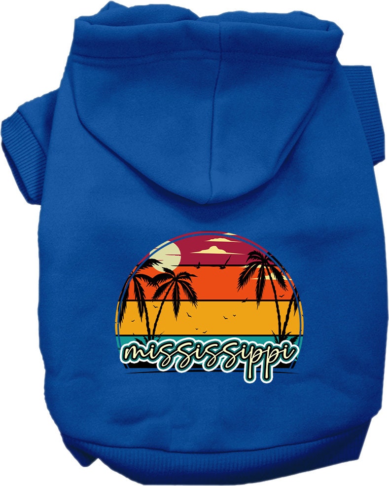 A cozy screen printed hoodie for medium to large pets featuring a Mississippi Retro Beach Sunset design, perfect for stylish outings.