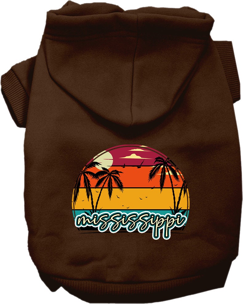 A cozy screen printed hoodie for medium to large pets featuring a Mississippi Retro Beach Sunset design, perfect for stylish outings.