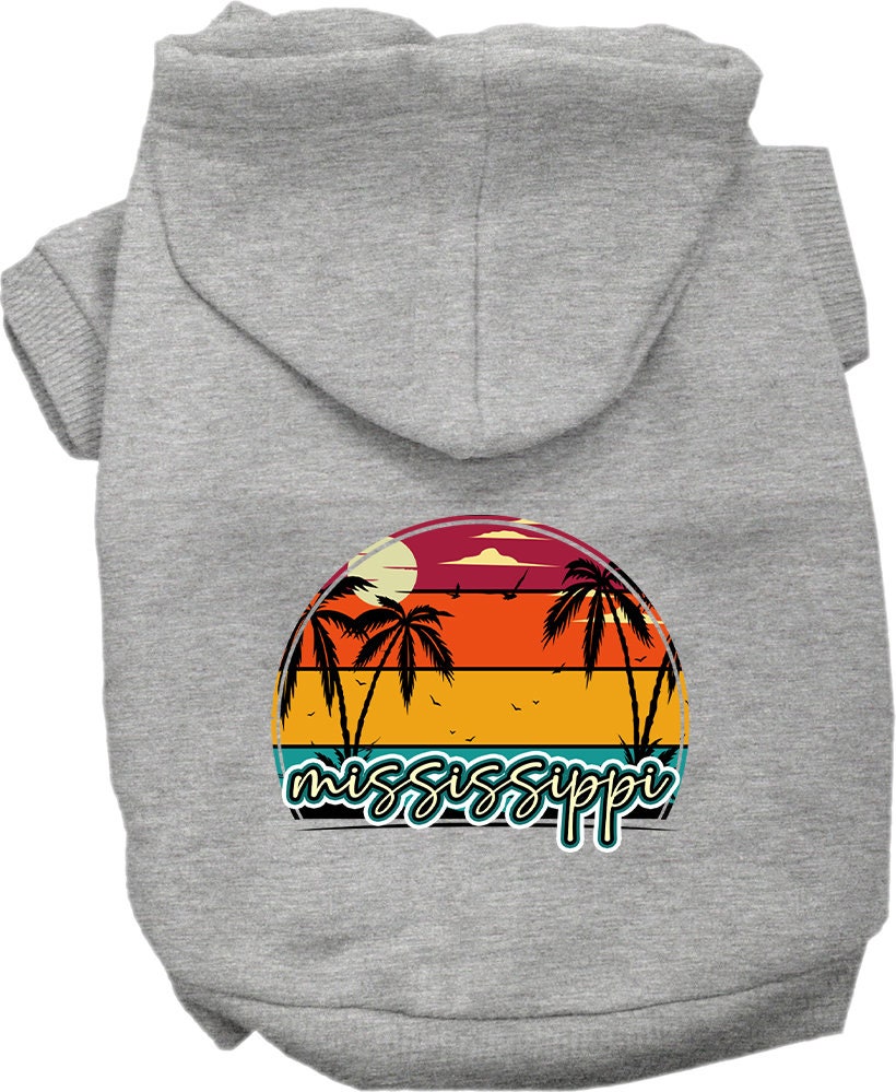 A cozy screen printed hoodie for medium to large pets featuring a Mississippi Retro Beach Sunset design, perfect for stylish outings.