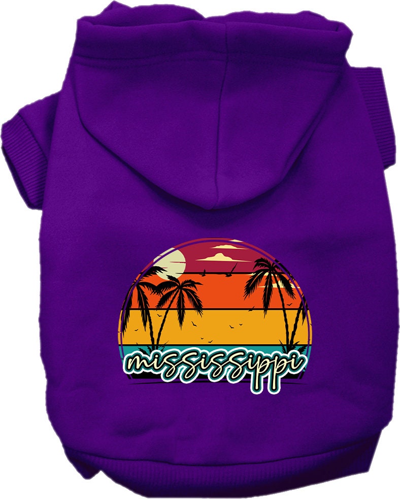A cozy screen printed hoodie for medium to large pets featuring a Mississippi Retro Beach Sunset design, perfect for stylish outings.