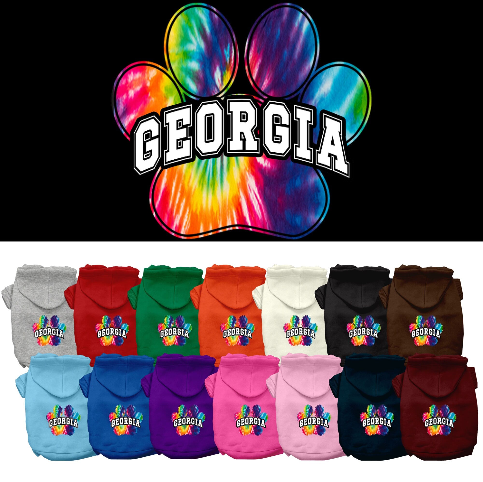 A vibrant Georgia Bright Tie Dye hoodie designed for medium to large dogs and cats, showcasing its soft fabric and convenient leash access hole.