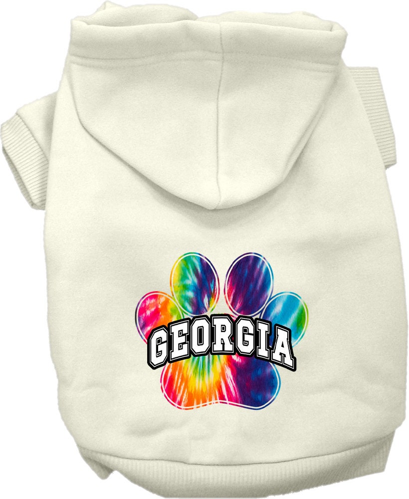 A vibrant Georgia Bright Tie Dye hoodie designed for medium to large dogs and cats, showcasing its soft fabric and convenient leash access hole.