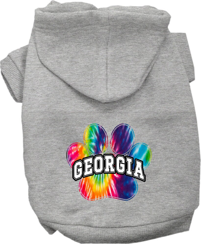 A vibrant Georgia Bright Tie Dye hoodie designed for medium to large dogs and cats, showcasing its soft fabric and convenient leash access hole.