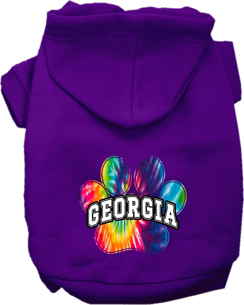 A vibrant Georgia Bright Tie Dye hoodie designed for medium to large dogs and cats, showcasing its soft fabric and convenient leash access hole.