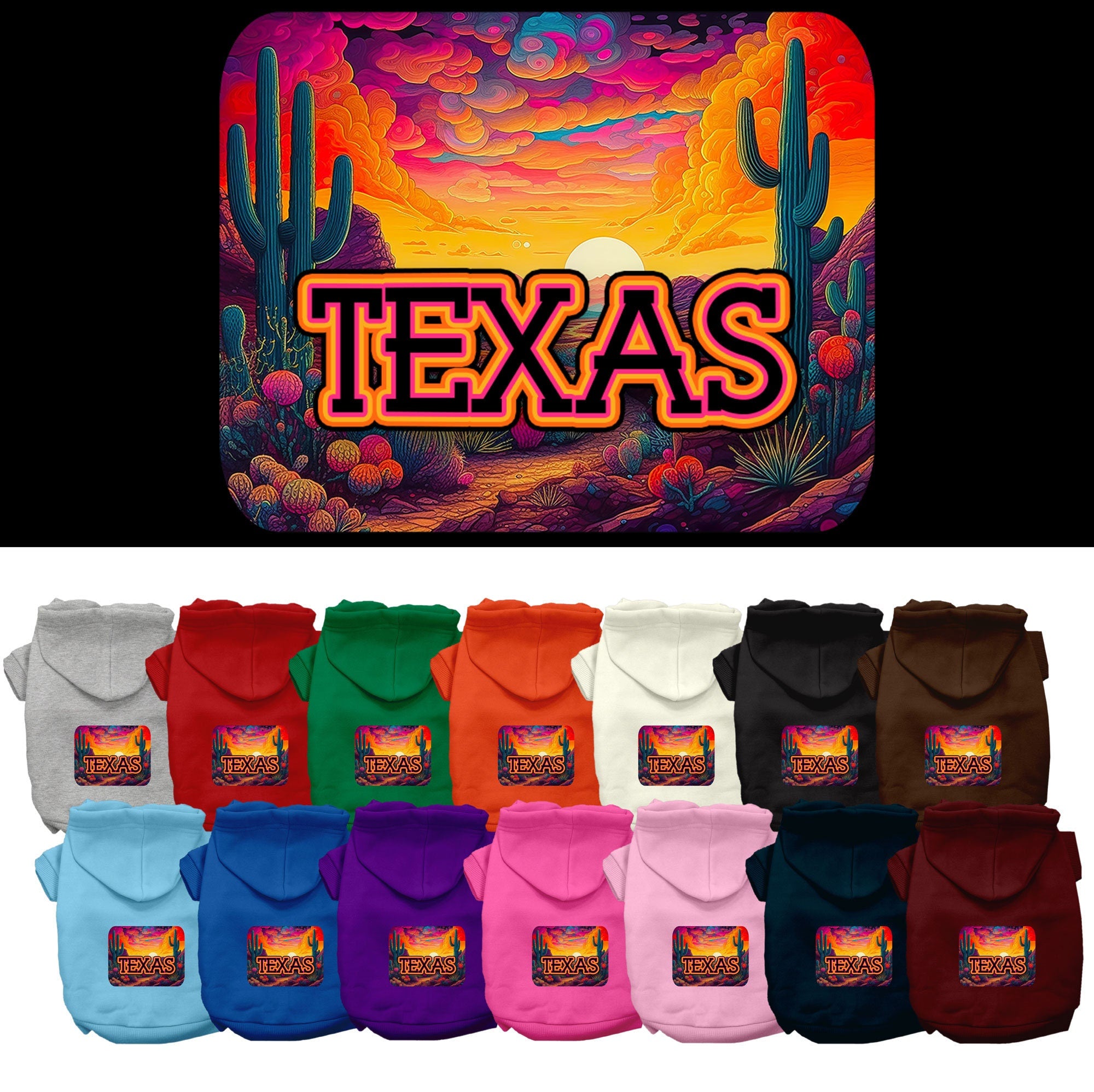 A medium to large pet wearing a stylish Texas Neon Desert hoodie, showcasing vibrant colors and a comfortable fit.