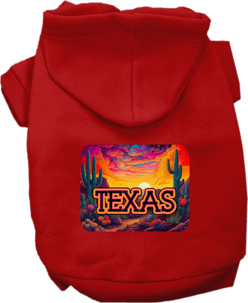 A medium to large pet wearing a stylish Texas Neon Desert hoodie, showcasing vibrant colors and a comfortable fit.