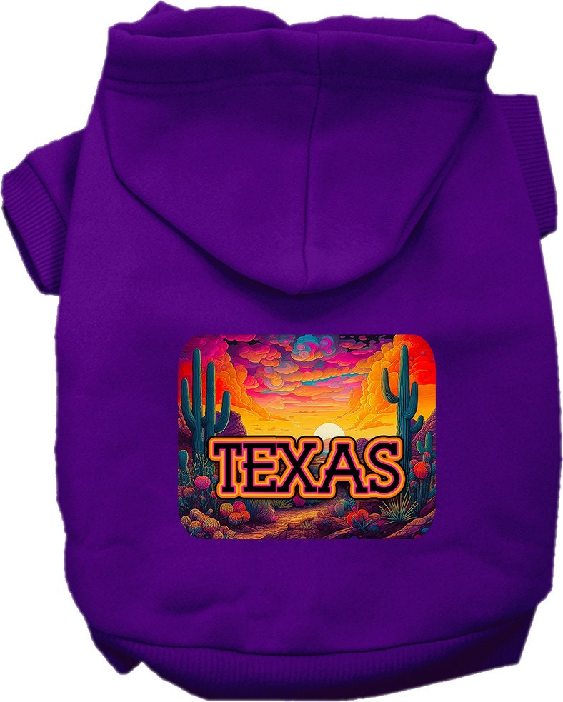 A medium to large pet wearing a stylish Texas Neon Desert hoodie, showcasing vibrant colors and a comfortable fit.