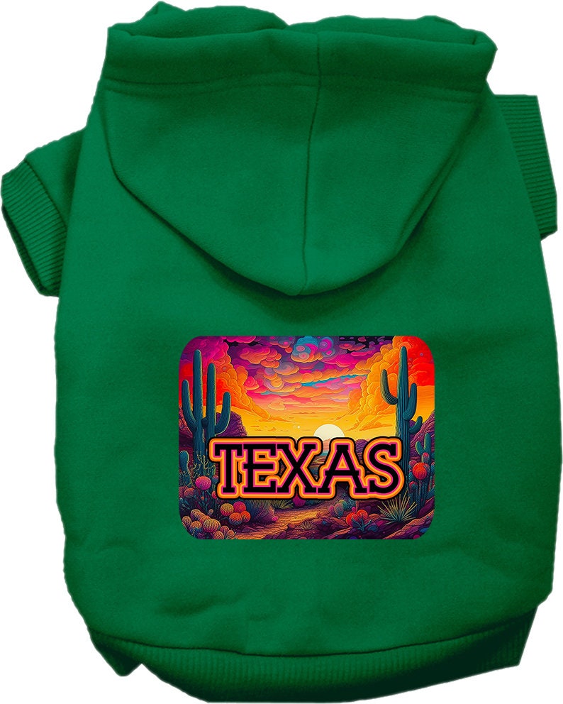 A medium to large pet wearing a stylish Texas Neon Desert hoodie, showcasing vibrant colors and a comfortable fit.