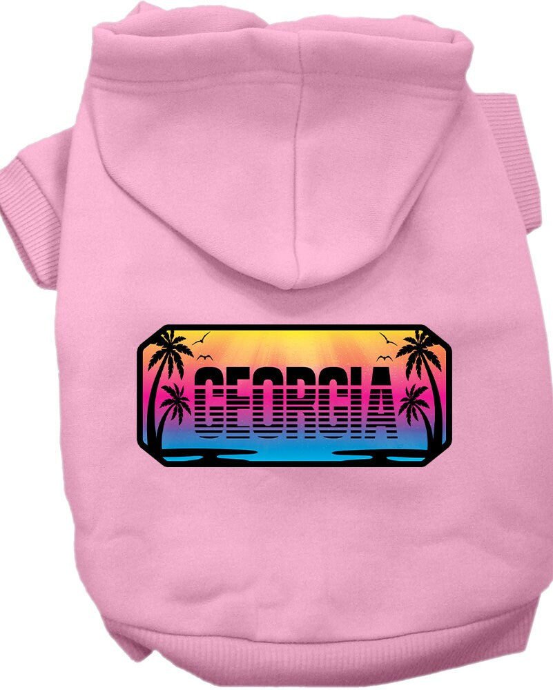 A medium to large pet wearing a stylish screen printed hoodie with 'Georgia Beach Shades' design, showcasing comfort and durability.