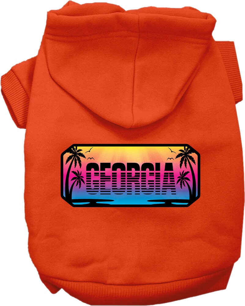 A medium to large pet wearing a stylish screen printed hoodie with 'Georgia Beach Shades' design, showcasing comfort and durability.