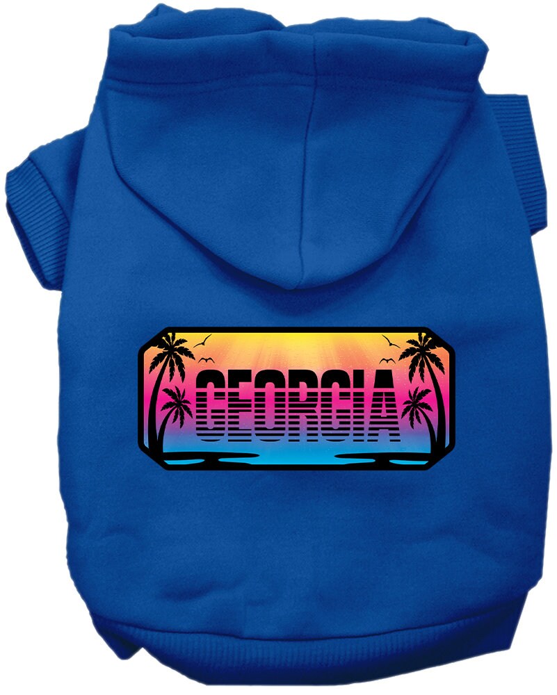 A medium to large pet wearing a stylish screen printed hoodie with 'Georgia Beach Shades' design, showcasing comfort and durability.